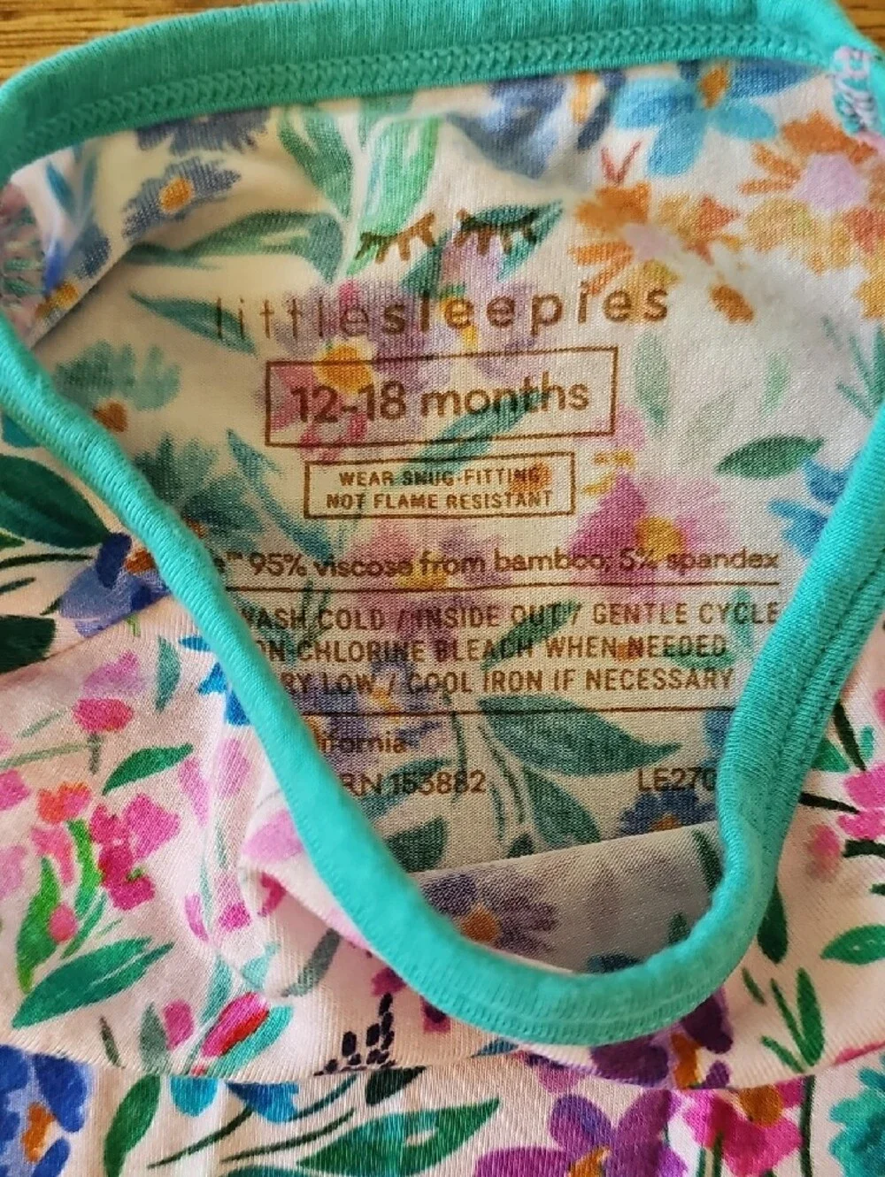 Little Sleepies Sweet Pea Floral Bamboo Crescent Zippy 12-18M
